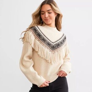 Z Supply Cream Fringe Knit Turtleneck Sweater with Black Pattern